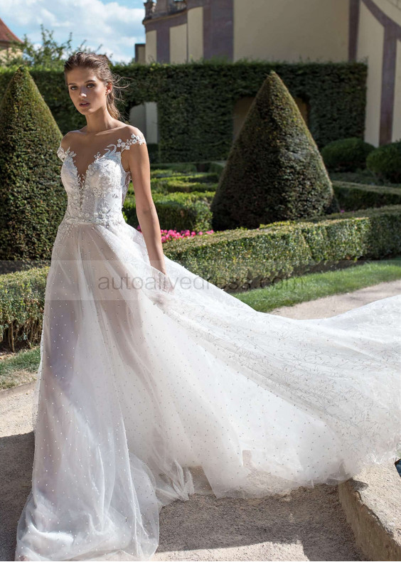 Ivory Beaded Floral Lace Sheer Back Wedding Dress